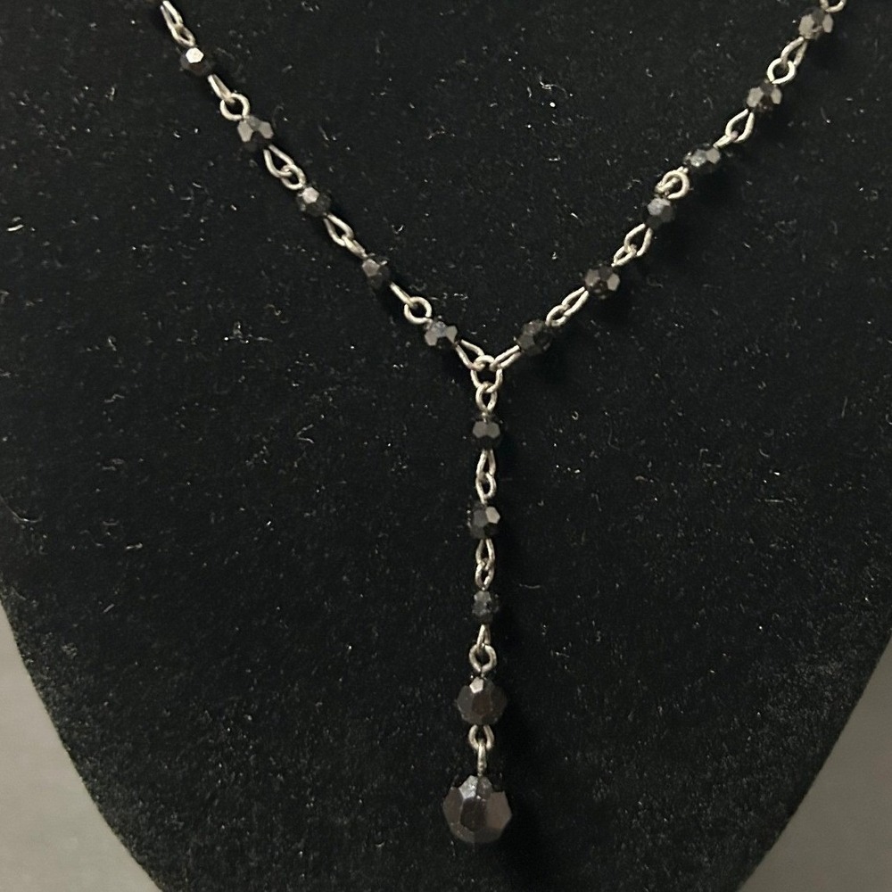 Vintage Y-shaped‎  Necklace Jet Black Faceted Glass Beads Gothic Necklace Drop
